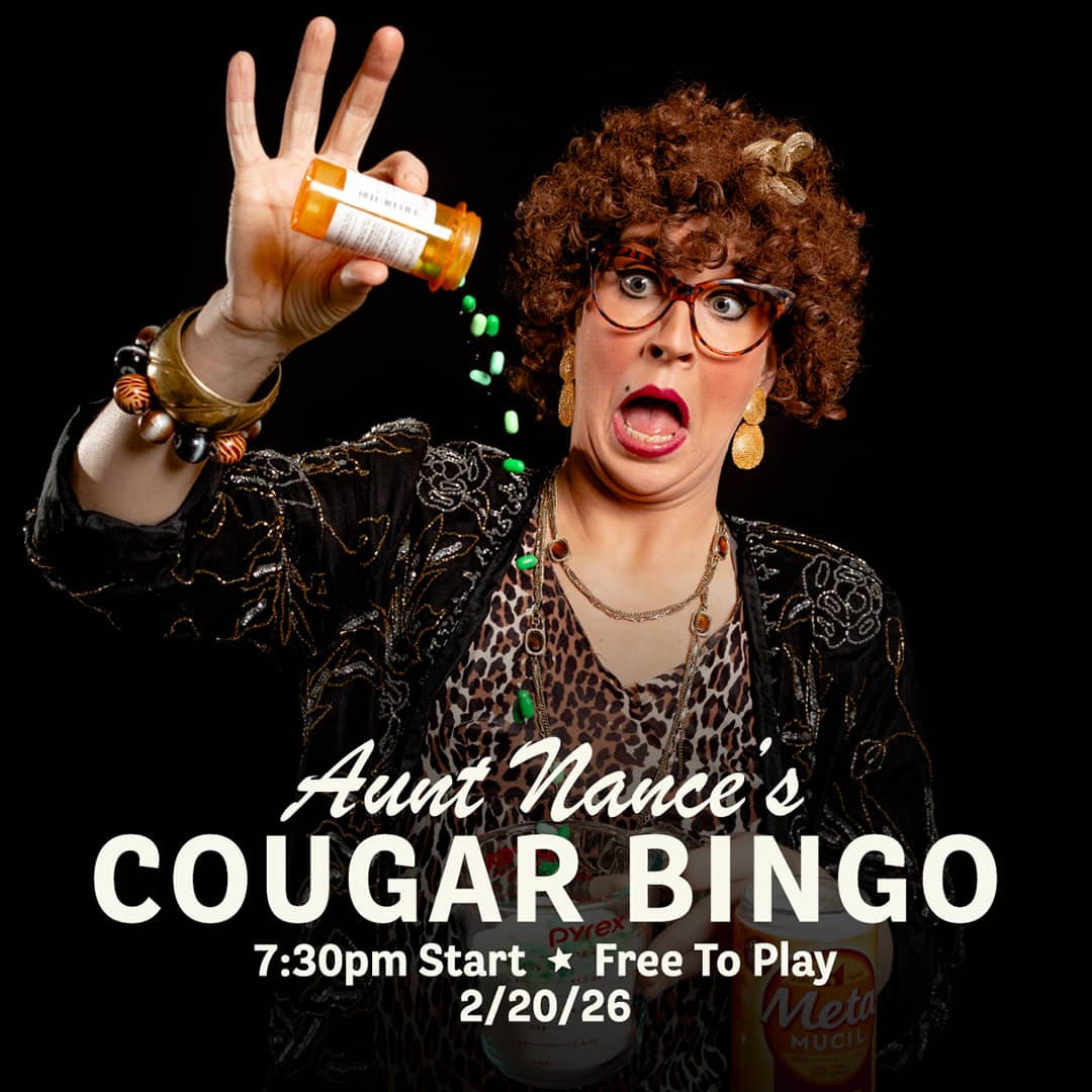 Promotional image for Cougar Bingo hosted by Aunt Nance, featuring live music, great food, and free gameplay on February 20, 2026, at Carol's Pub