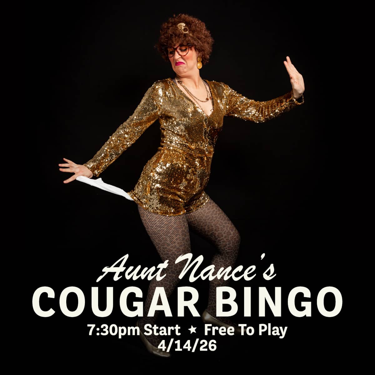 Promotional image for Cougar Bingo hosted by Aunt Nance, featuring live music, great food, and free gameplay on April 14, 2026 at Carol's Pub