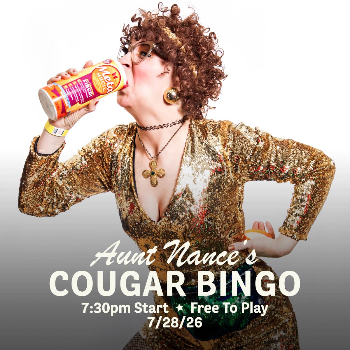 Promotional image for Cougar Bingo hosted by Aunt Nance, featuring live music, great food, and free gameplay on July 28, 2026 at Carol's Pub