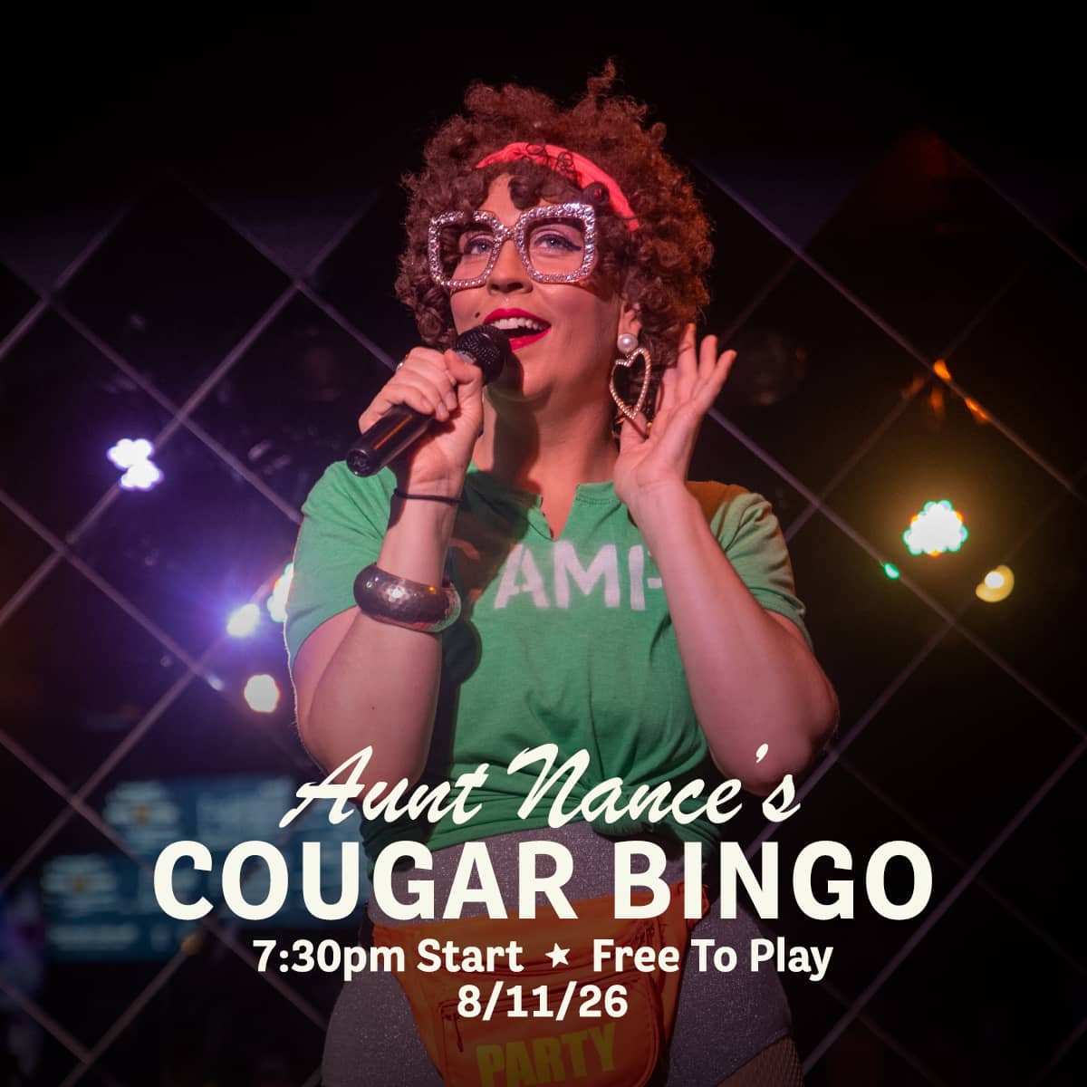 Promotional image for Cougar Bingo hosted by Aunt Nance, featuring live music, great food, and free gameplay on August 11, 2026 at Carol's Pub