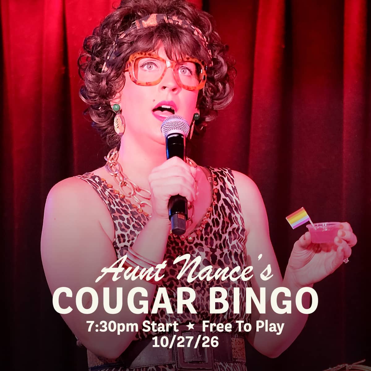 Promotional image for Cougar Bingo hosted by Aunt Nance, featuring live music, great food, and free gameplay on October 27, 2026 at Carol's Pub