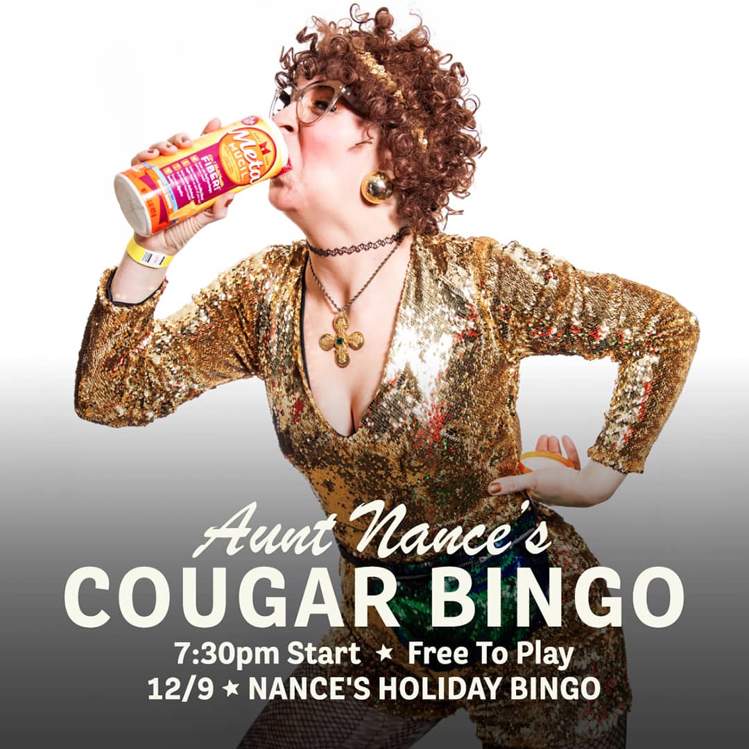 Promotional image for Cougar Bingo hosted by Aunt Nance, featuring live music, great food, and free gameplay on December 9, 2025 at Carol's Pub