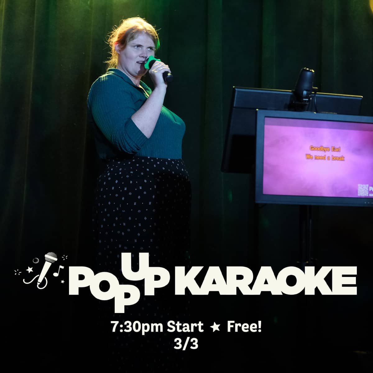 Promotional image for Pop Up Karaoke events on March 3, 2026, at Carol's Pub