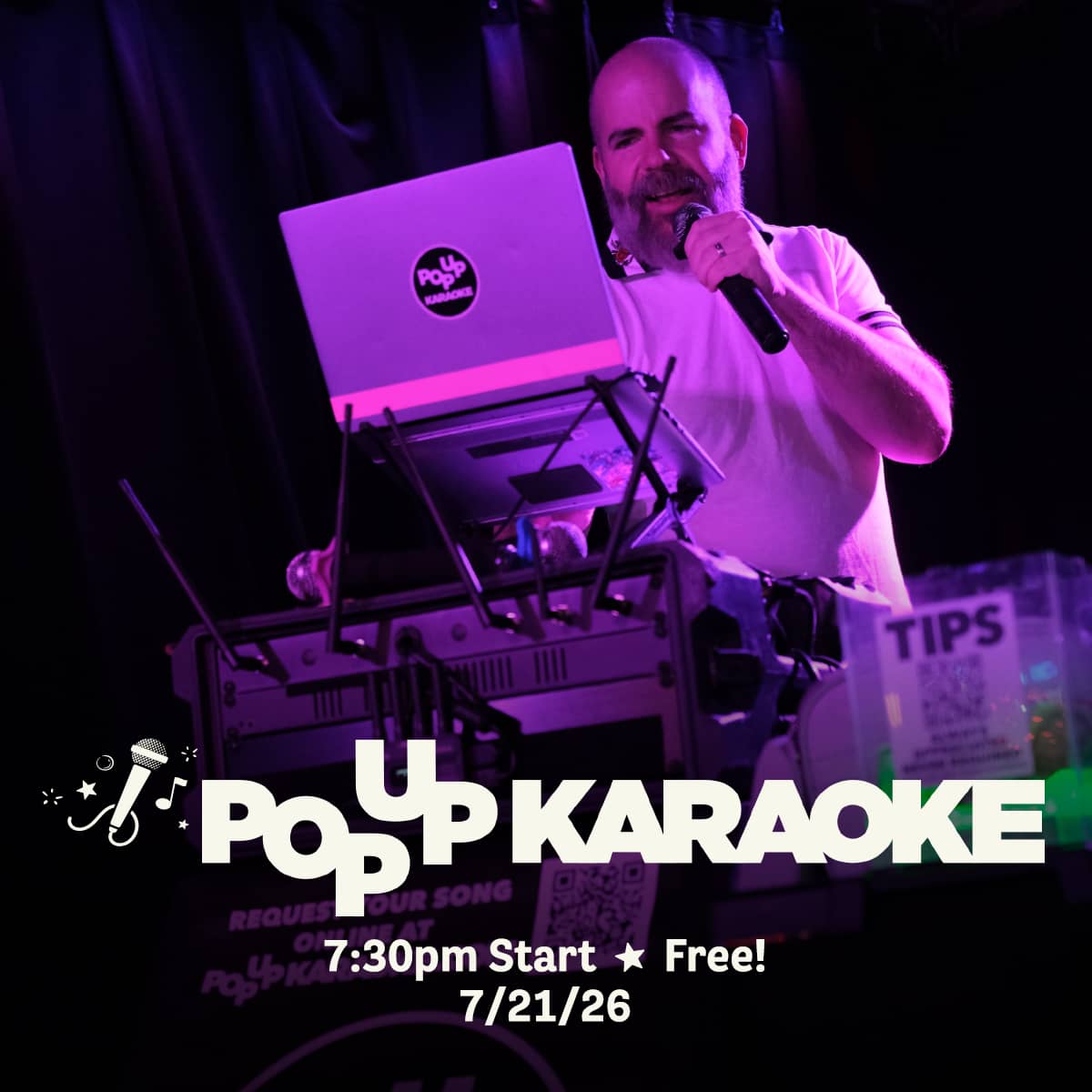 Promotional image for Pop Up Karaoke events on July 21, 2026, at Carol's Pub