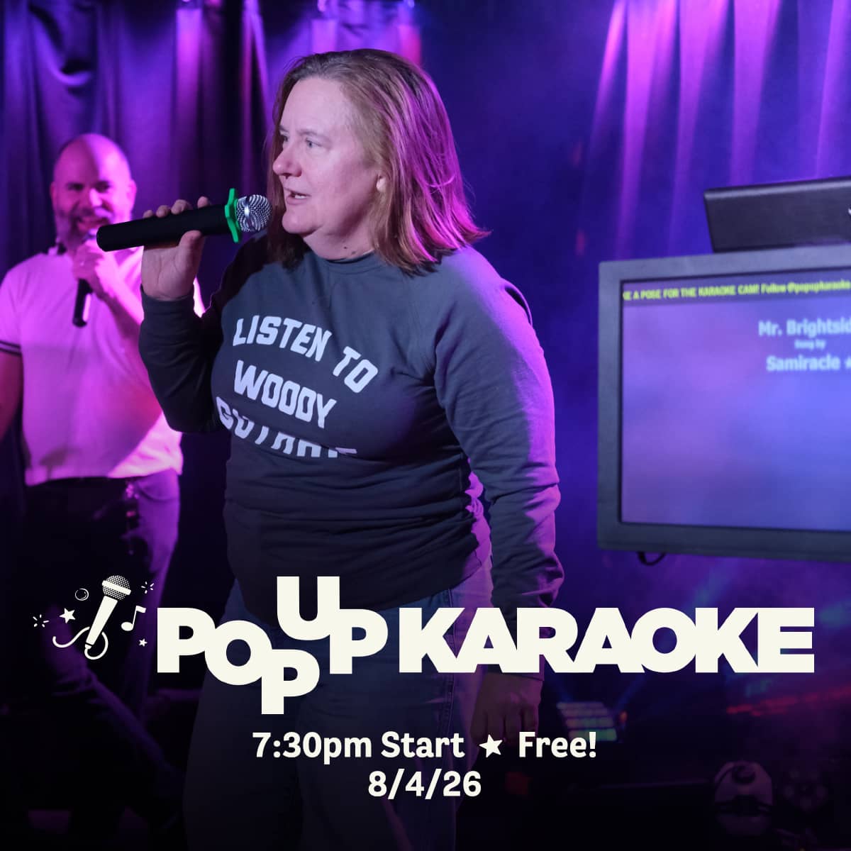 Promotional image for Pop Up Karaoke events on August 4, 2026, at Carol's Pub