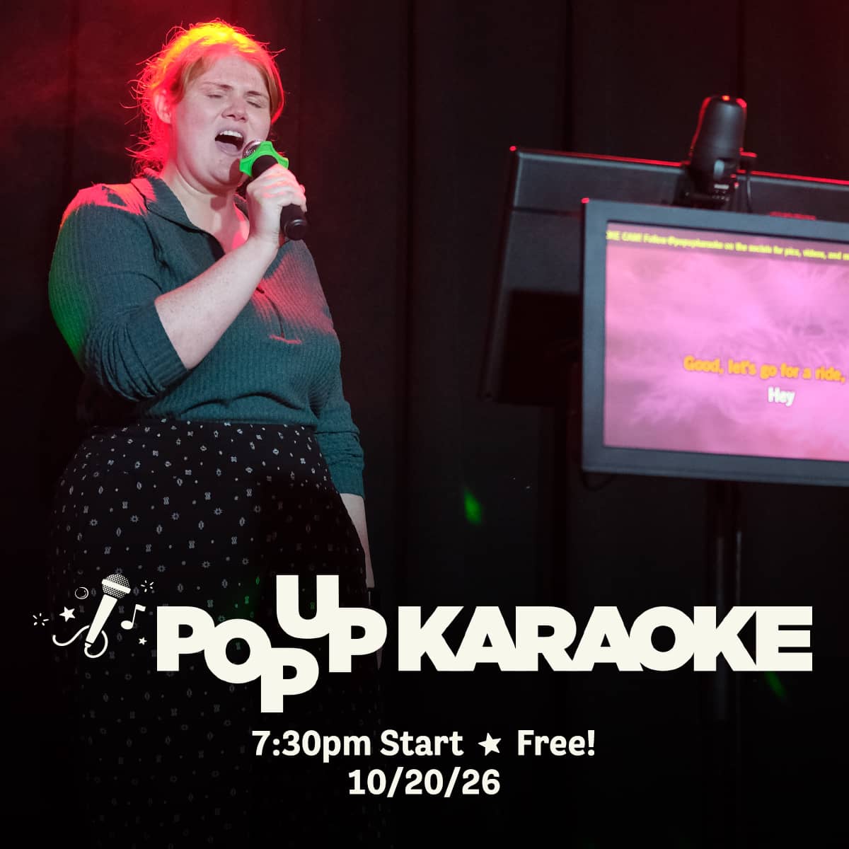 Promotional image for Pop Up Karaoke events on October 20, 2026, at Carol's Pub