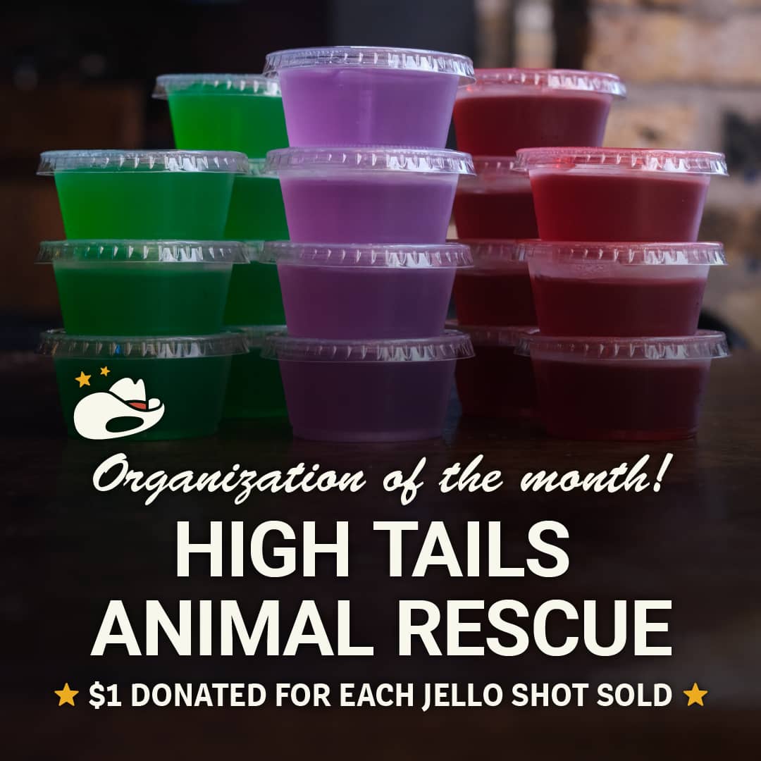 Promotional image for Carol's Pub's community initiative supporting High Tails Animal Rescue. $1 from every Jell-O Shot sold in February 2026 will be donated to this impactful local organization.