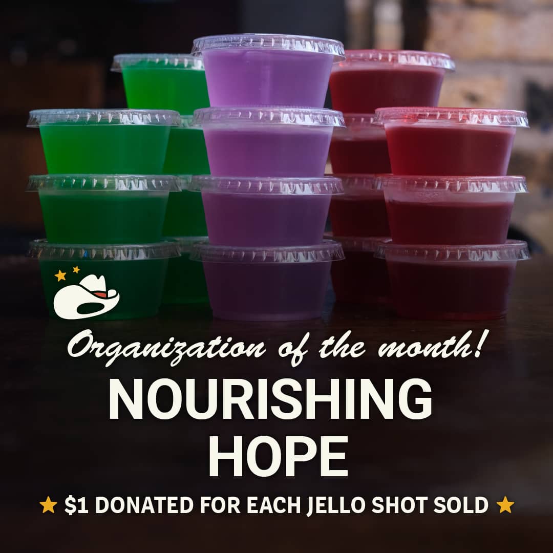 Promotional image for Carol's Pub's community initiative supporting Nourishing Hope. $1 from every Jell-O Shot sold in July 2026 will be donated to this impactful local organization.