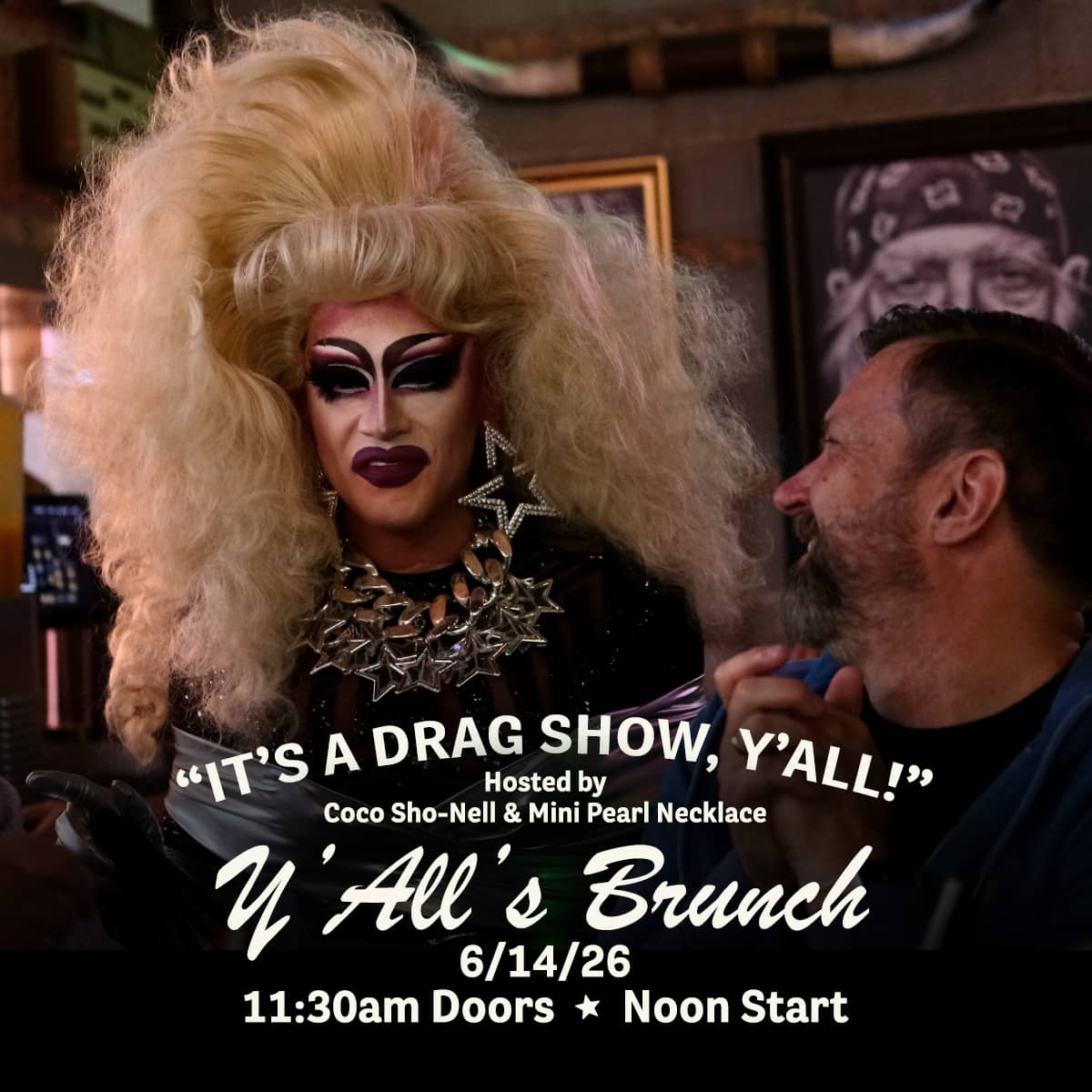 Promotional image for Y'All's Brunch hosted by Coco So-Nell and Mini Pearl Necklace on June 14, 2026, at Carol's Pub.