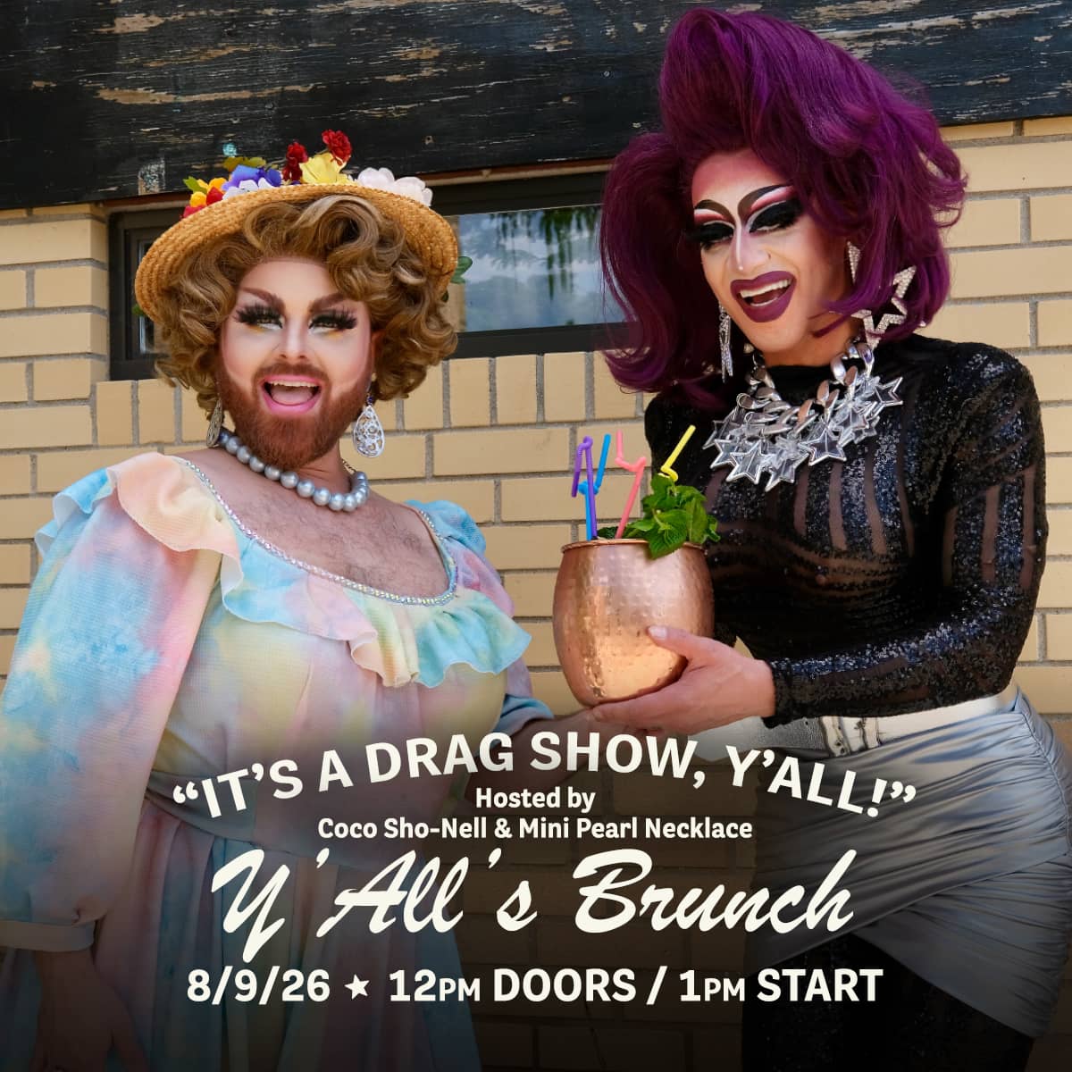 Promotional image for Y'All's Brunch hosted by Coco So-Nell and Mini Pearl Necklace on August 9, 2026, at Carol's Pub.