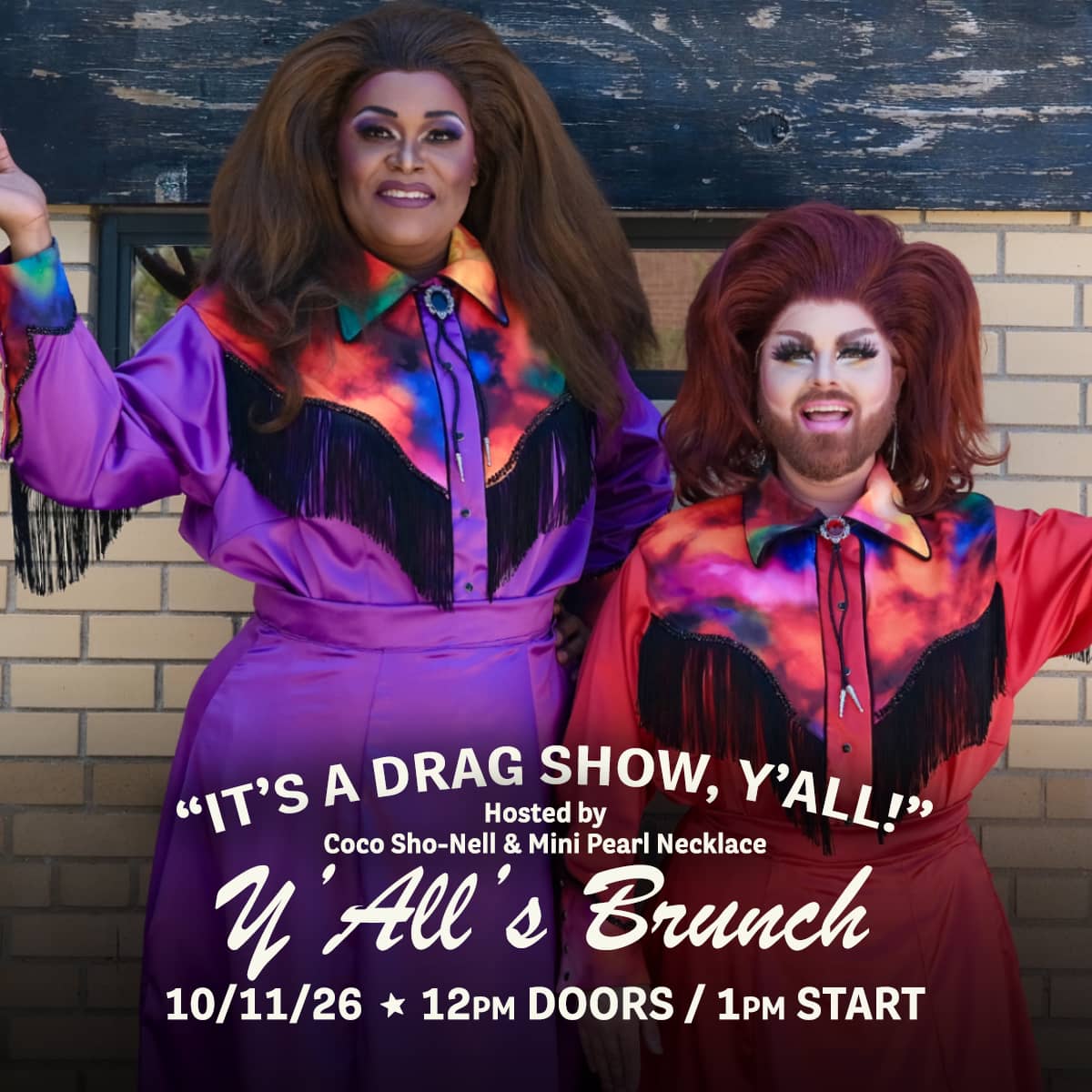 Promotional image for Y'All's Brunch hosted by Coco So-Nell and Mini Pearl Necklace on October 11, 2026, at Carol's Pub.